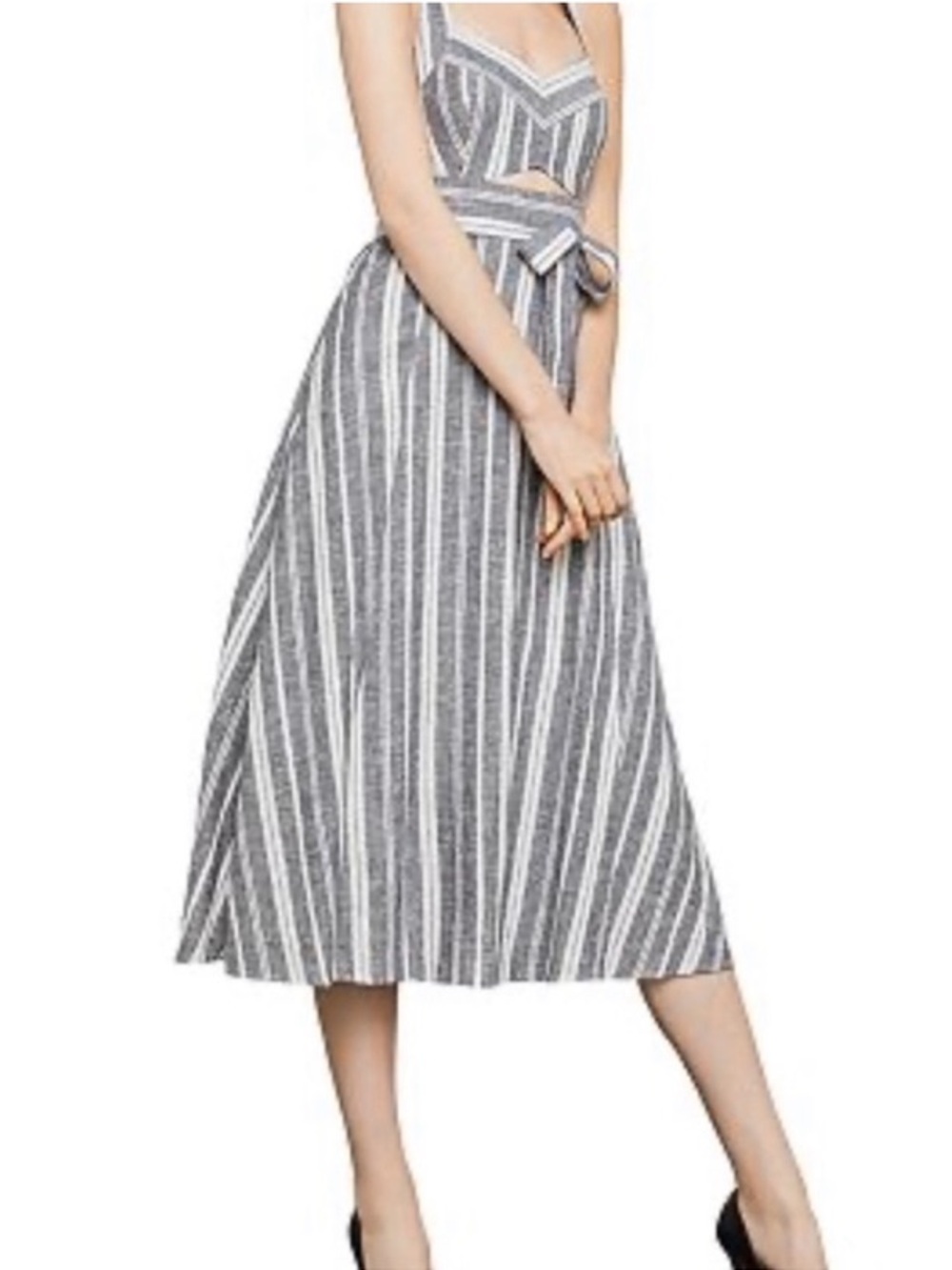 BCBGMaxAzria Gray and White Striped Cutout Midi Dress with Waist Tie
